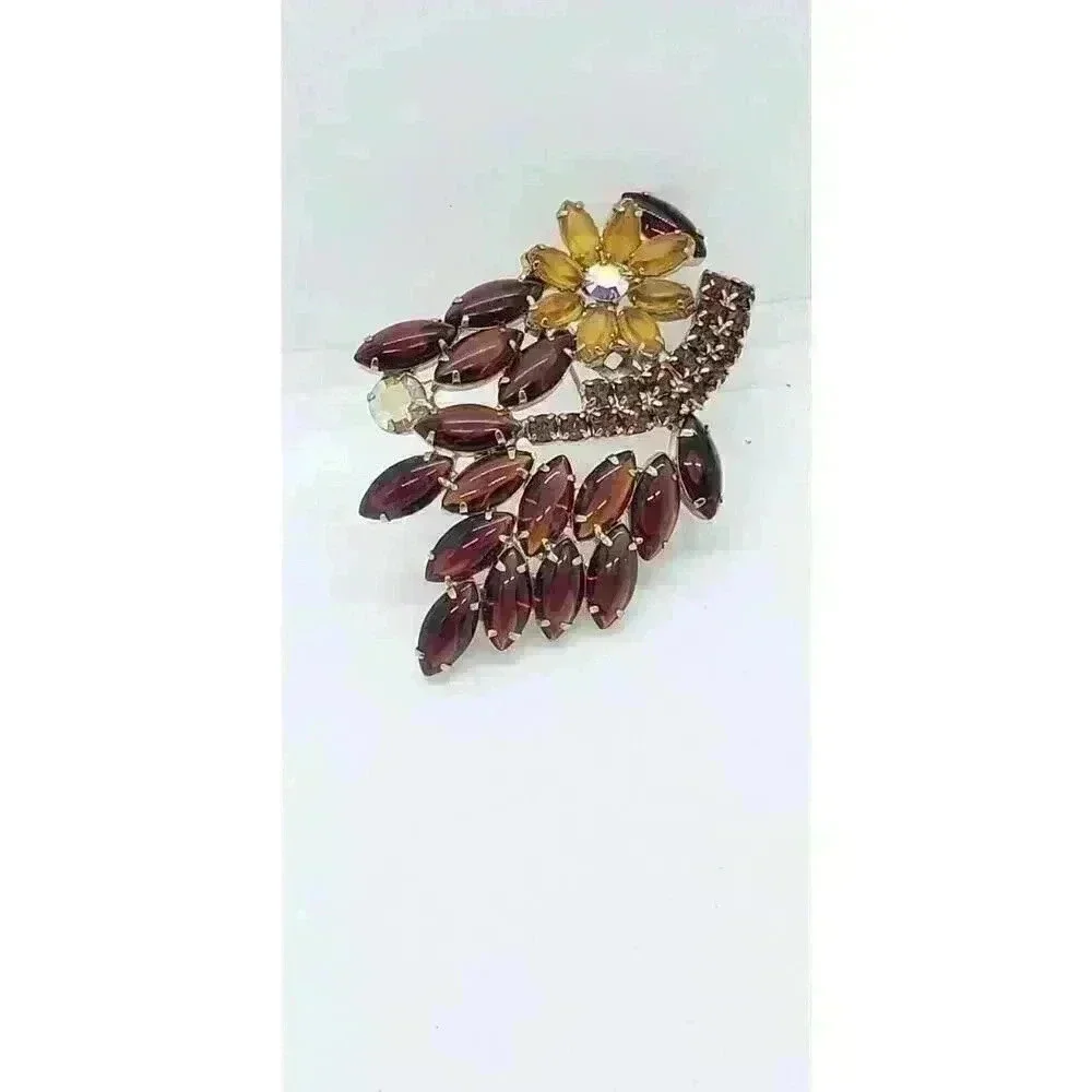 Vintage Rhinestone Brooch Citrine Flower Brown Open Back AB Drama Statement
